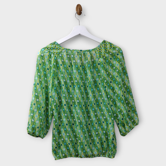 Banana Republic Blouse Womens Medium Petite Green Sheer Scoop Neck Boho Pullover - Picture 2 of 3
